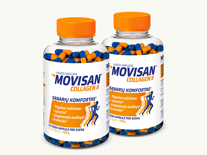 Natural Pharmaceuticals Movisan™ Collagen II Dvi pakuotės maisto papildo Movisan™ Collagen II kapsulės, skirtos sąnarių, jungiamojo audinio ir kremzlių stiprinimui. Ant etiketės yra užrašai lietuvių kalba: „SANARIŲ KOMFORTAS” ir informacija apie trigubą veikimą. Kapsulės yra mėlynos ir oranžinės spalvos.