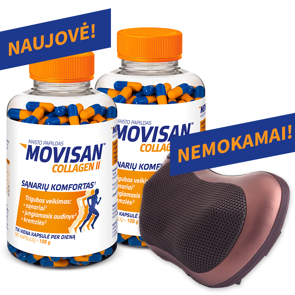 Natural Pharmaceuticals  Movisan™ Collagen II Reklaminis paveikslėlis, kuriame pavaizduotos dvi maisto papildo  Movisan™ Collagen II (kapsulėse) pakuotės ir nemokamai siūloma masažinė pagalvėlė. Paveikslėlyje matomi užrašai lietuvių kalba.