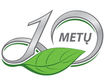 Natural Pharmaceuticals Movisan™ Collagen II Sidabrinės ir žalios spalvos logotipas su užrašu „10 metų” ir lapo motyvu simbolizuoja 10 metų įmonės veiklą ir nuorodą į gamtą ar ekologines vertybes.