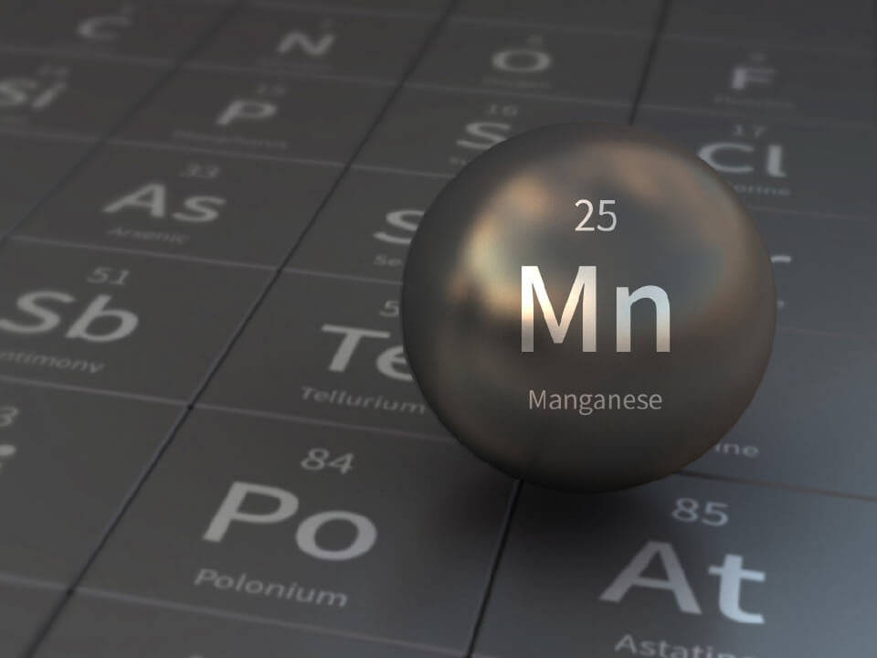 Natural Pharmaceuticals Movisan™ Collagen II Manganas (Mn) atominis modelis su atominiu numeriu 25 ant cheminių elementų lentelės fono.