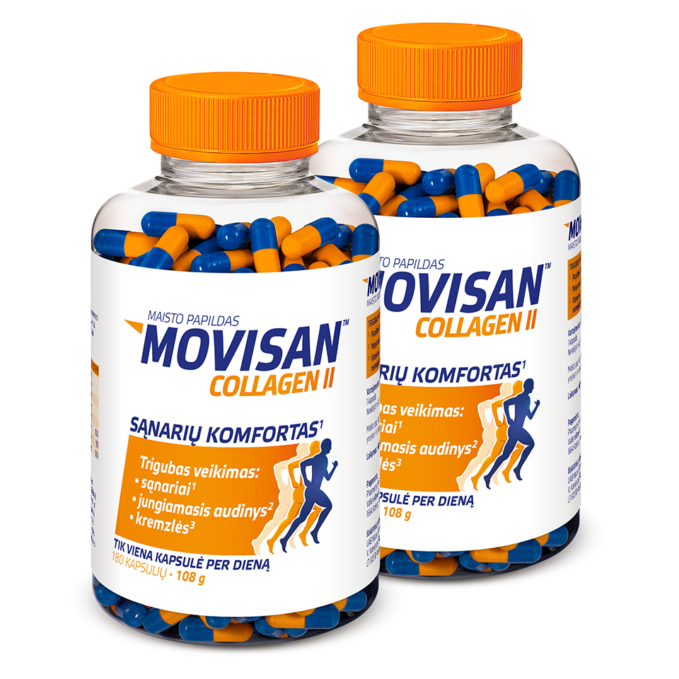 Natural Pharmaceuticals Movisan™ Collagen II Du buteliukai maisto papildo Movisan™ Collagen II kapsulėmis sąnarių komfortui ir kremzlėms stiprinti, mėlynos ir oranžinės spalvos.