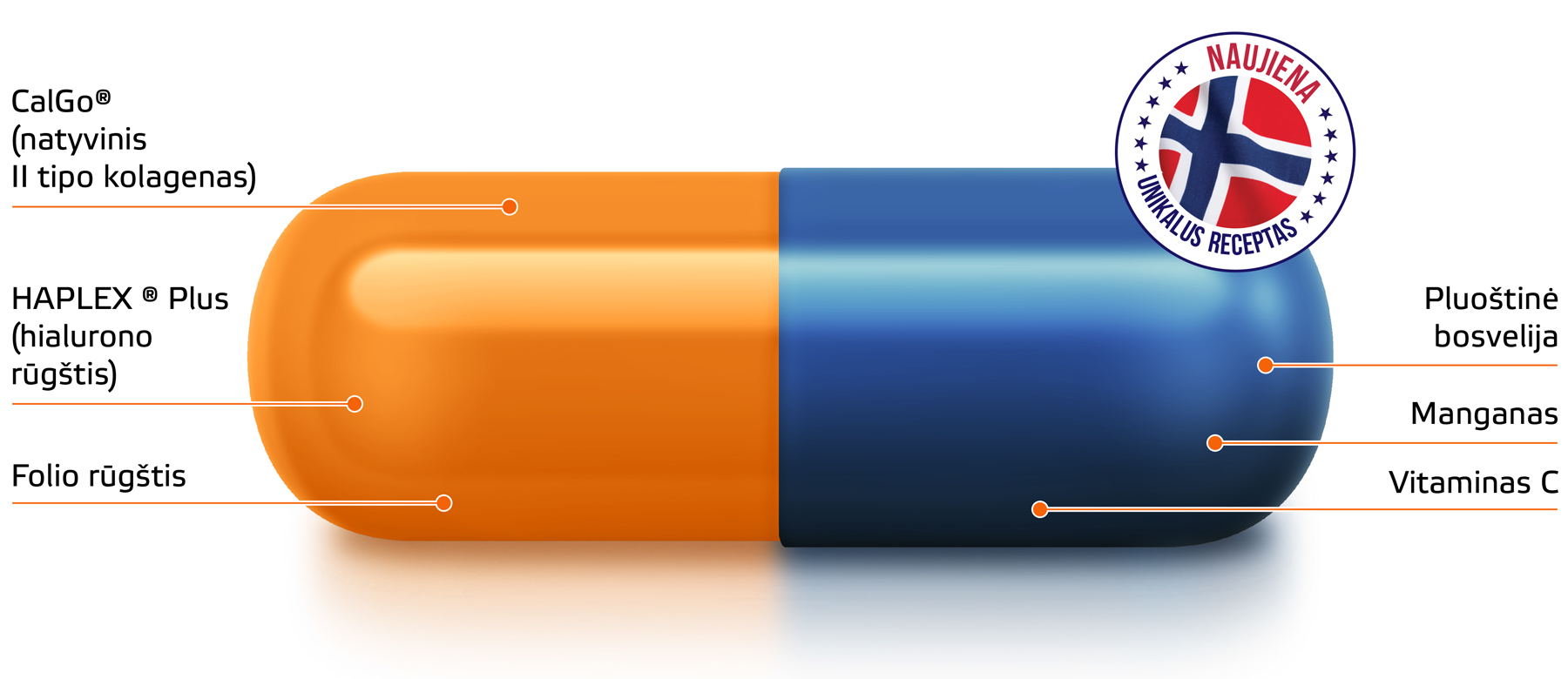 Natural Pharmaceuticals Movisan™ Collagen II Maisto papildo kapsulė su pažymėtais ingredientais: II tipo kolagenas (CalGo®), hialurono rūgštis (HAPLEX® Plus), folio rūgštis, bosvelija, manganas ir vitaminas C. Šalia matomas ženklas „Naujas produktas – unikali formulė“ su Norvegijos vėliava.